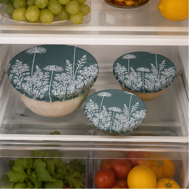 Set of 3 Duck Egg Green Florilegium linen bowl covers, hand printed in Derbyshire and lined with ProCare® FoodSAFE waterproof fabric. Reusable alternative to cling film.