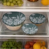 Set of 3 Duck Egg Green Florilegium linen bowl covers, hand printed in Derbyshire and lined with ProCare® FoodSAFE waterproof fabric. Reusable alternative to cling film.