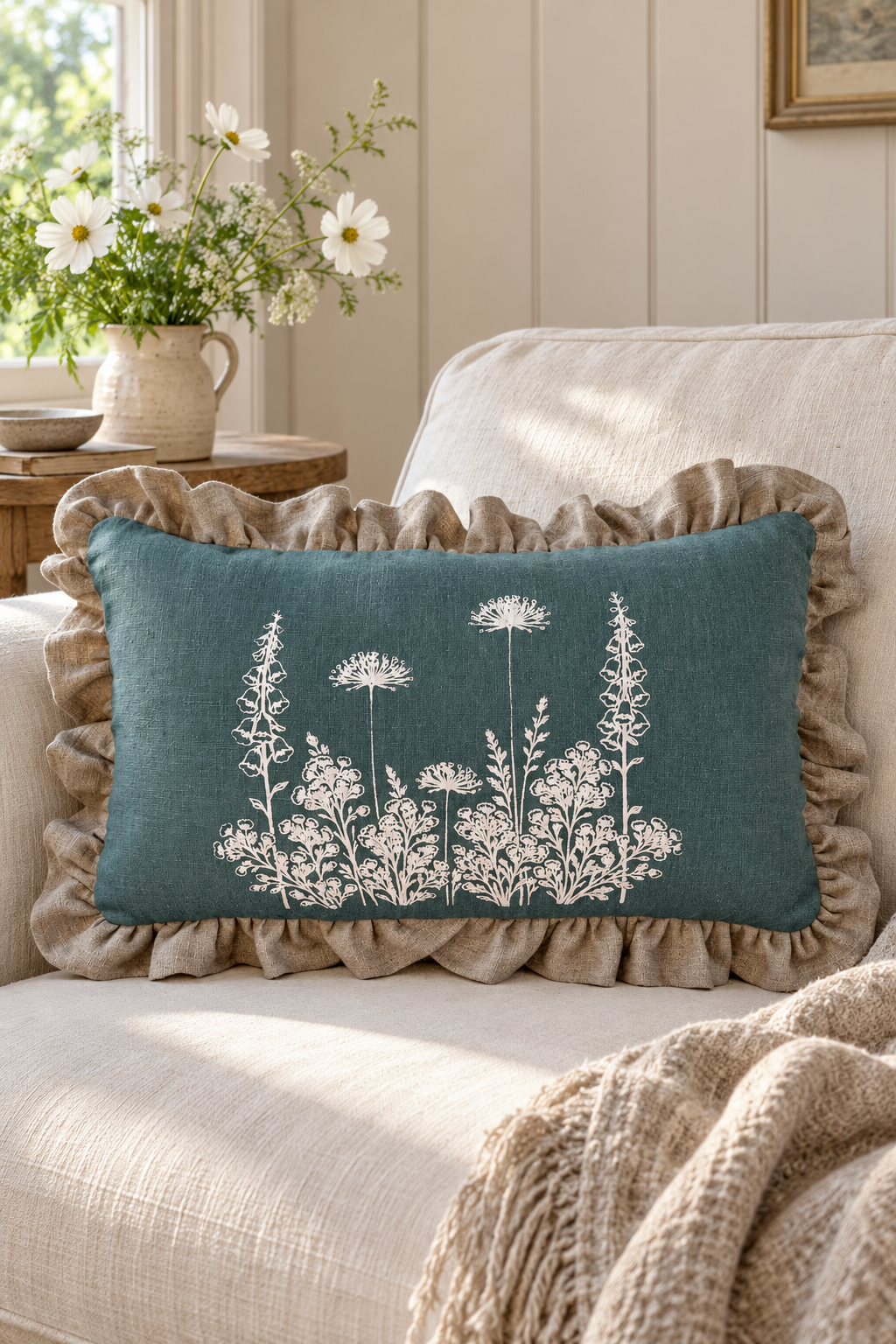 Rectangular duck egg Florilegium linen cushion with white flowers and a large natural ruffle on an ivory sofa.