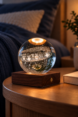 A glowing clear crystal globe night light with a solar system design inside, resting on a dark wood base on a wooden bedside table in a cozy bedroom setting.