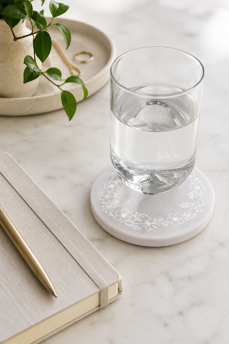 Personalised Round Marble Drinks Coaster – Engraved Natural Marble Coaster 10cm