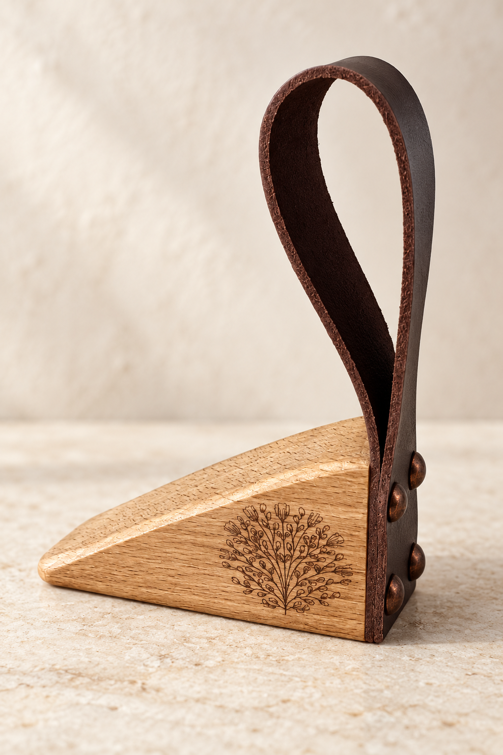 A triangular wooden block with a dark brown leather loop attached at the top, photographed on a light stone surface against a soft beige background.