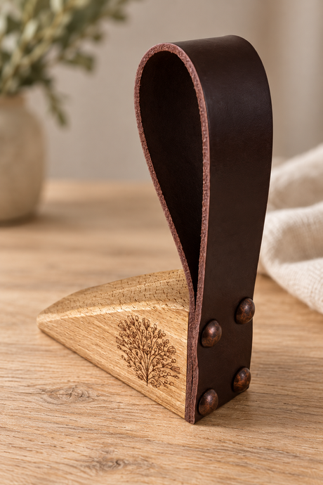 A leather and wood stand on a wooden tabletop, featuring a dark brown leather loop with metal rivets and a light natural wood base engraved with a tree design.