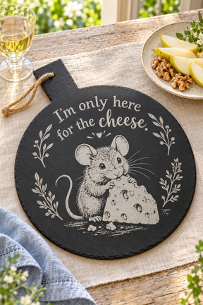 Large round natural slate cheese board with a handle and a 33cm diameter serving area. Features the Cheeky Mouse engraving: a mouse nibbling a wedge of cheese, leafy sprigs and the wording “I’m only here for the cheese.”