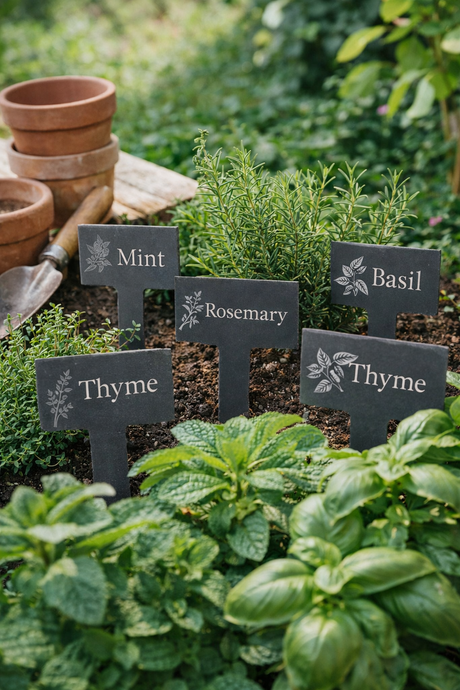 Herb garden with labeled signs for Mint, Basil, Rosemary, Thyme, and another Thyme.