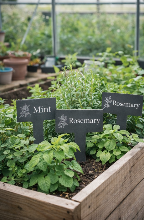Herb garden with labeled plants in a greenhouse setting