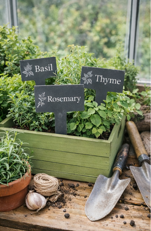 Herb garden with labeled signs for Basil, Thyme, and Rosemary, surrounded by gardening tools.