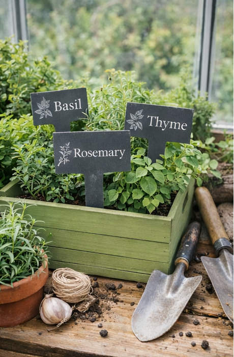 Herb garden with labeled signs for Basil, Thyme, and Rosemary, surrounded by gardening tools.