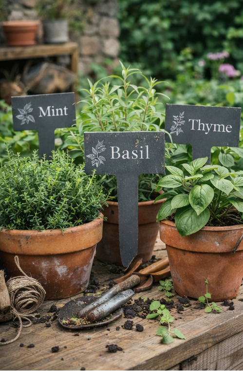 Herb pots with labels for Mint, Thyme, and Basil on a wooden surface.