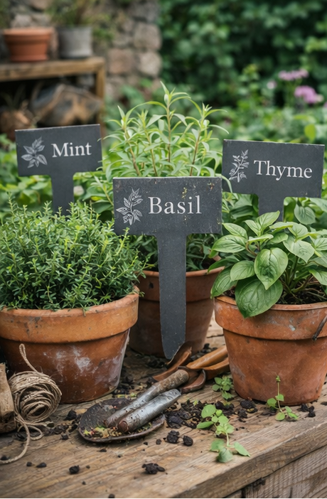 Herb pots with labels for Mint, Thyme, and Basil on a wooden surface.