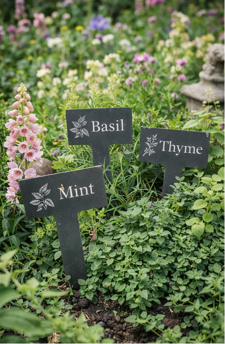 Herb garden with labeled plant markers in various settings.