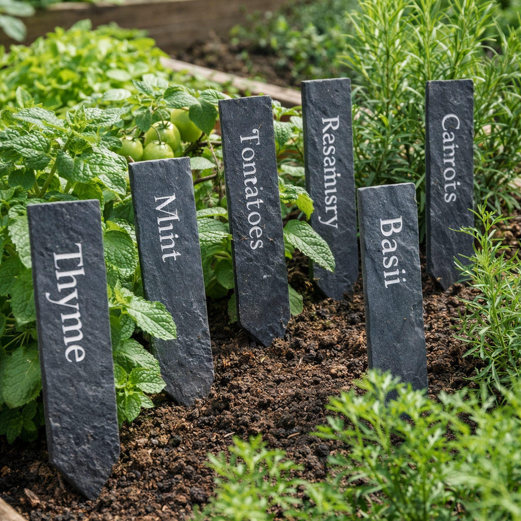 Slate garden markers with plant names in a garden setting