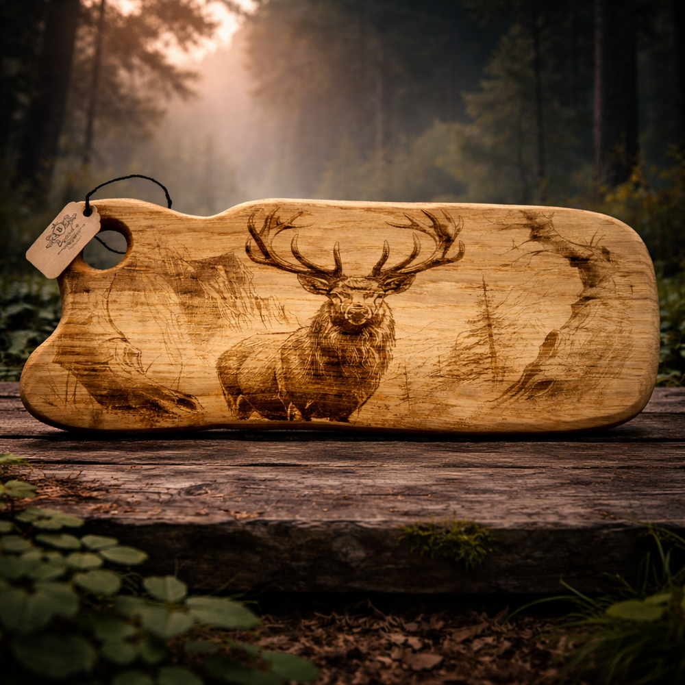 Wooden charcuterie board with deer engraving in a forest setting