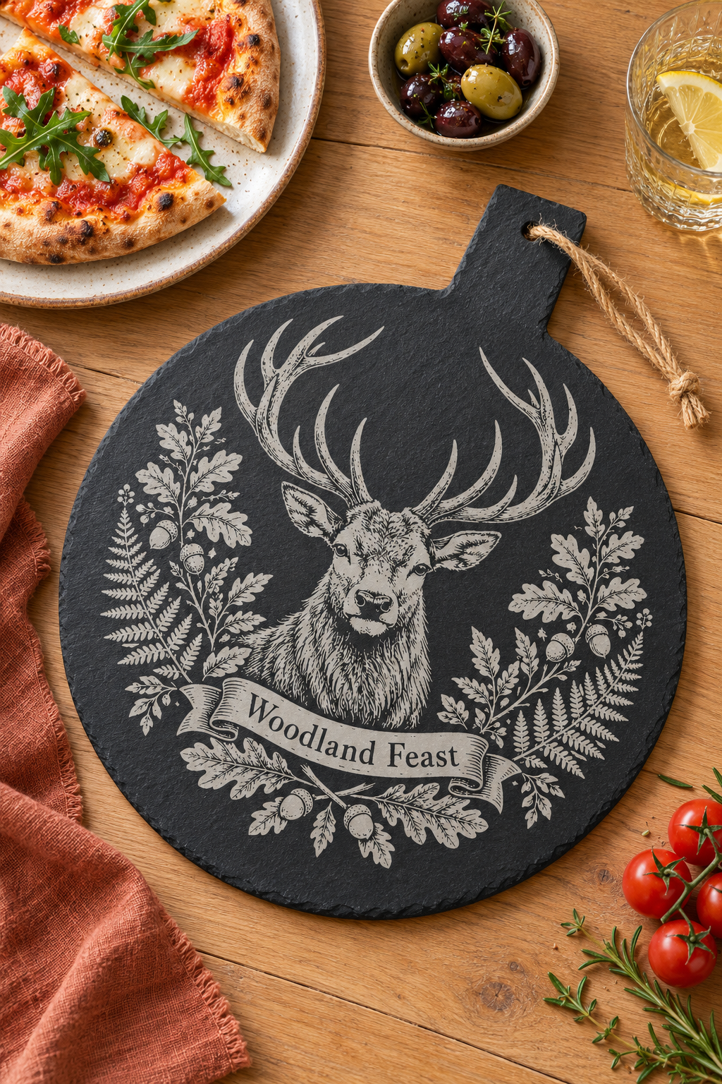 A round black slate serving board with a handle, featuring a detailed engraving of a stag surrounded by leaves and the words 'Woodland Feast'. The board is styled on a wooden table with a slice of pizza, olives, a glass of white wine with a lemon slice, and cherry tomatoes.