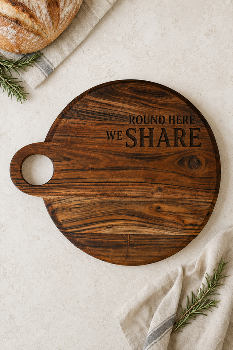A round dark brown wooden serving board with a handle, featuring the engraved text 'ROUND HERE WE SHARE'. The board is styled in a flat-lay composition on a light beige textured surface, surrounded by a crusty loaf of bread, a beige cloth napkin, and rosemary sprigs.