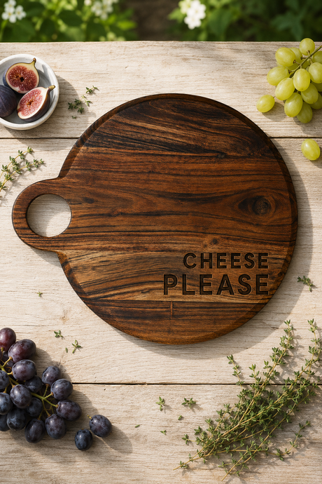 A round dark wood cheese board with a handle and the words 'CHEESE PLEASE' engraved on it, styled on a light wood tabletop with grapes, figs, herbs, and a small dish of sliced figs.