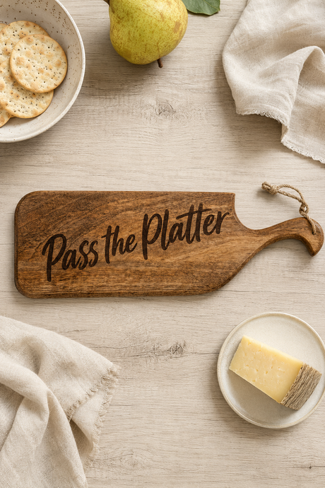 A wooden serving board engraved with the phrase 'Pass the Platter' in black script, styled on a light wood tabletop with a pear, crackers, cheese, and napkins.