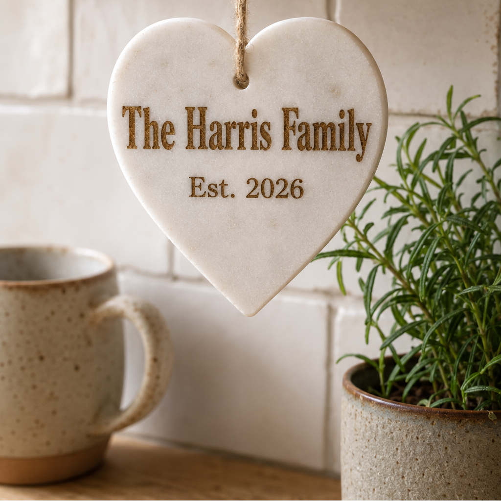 A heart-shaped marble hanging plaque engraved with 'The Harris Family Est. 2026' in brown lettering, suspended from a wooden shelf hook in a kitchen setting with a mug and potted plant nearby.