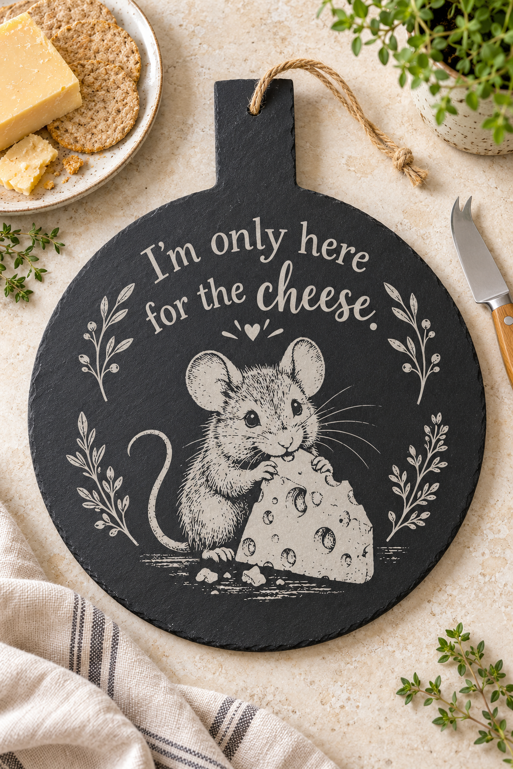 A round black slate cheese board with a hanging loop, featuring a white engraved illustration of a mouse holding cheese and the phrase 'I'm only here for the cheese.' The board is styled on a light stone surface with crackers, cheese, a knife, herbs, and a cloth napkin.