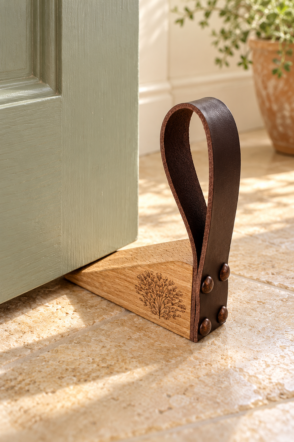 A wooden door stopper with a dark brown leather loop and metal rivets, resting on a stone floor next to a light green door.