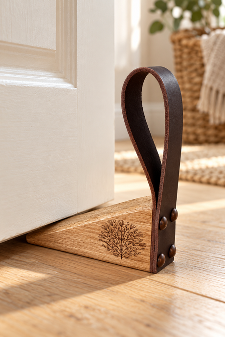 A wooden and leather door stopper resting on a light wood floor in front of a white door, with a woven basket and plant visible in the softly lit background.