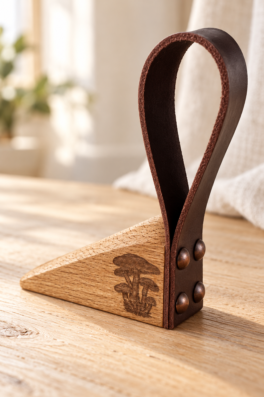A small wooden and leather stand with a triangular base, dark brown leather loop handle, and engraved mushroom design, shown on a wooden tabletop in a softly lit indoor setting.