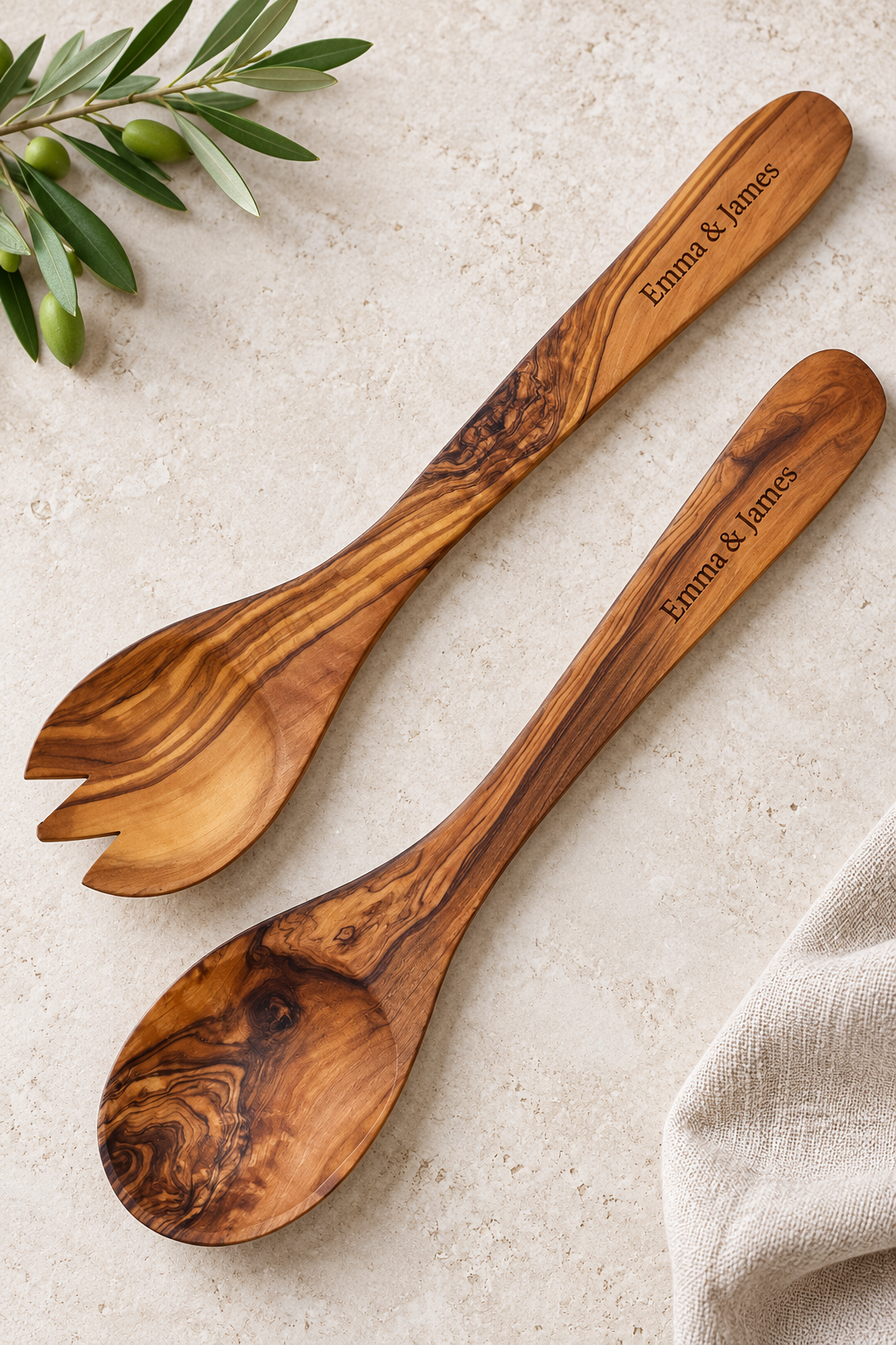 Olive Wood Salad Servers – Large 36cm Pair (Optional Personalisation)