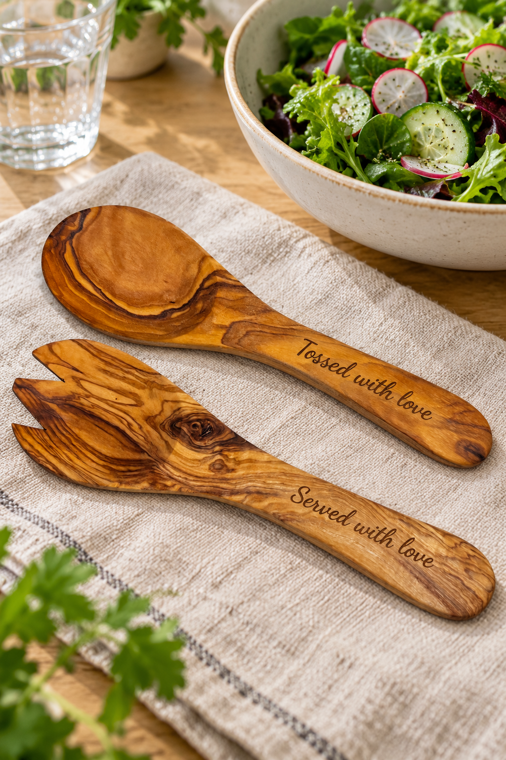 Personalised olive wood salad servers resting on oatmeal linen beside a bowl of leafy salad, with single-line engraving on both handles.