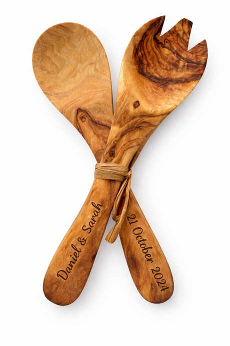 Small Olive Wood Salad Servers Set – Wooden Salad Spoon & Fork (21cm) with Optional Personalised Engraving