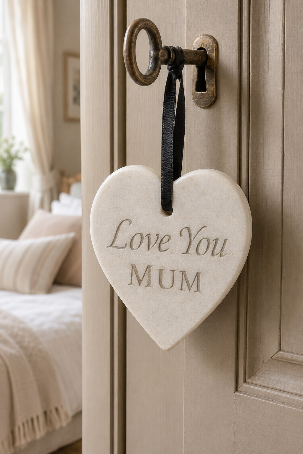 A personalised marble heart-shaped door hanging ornament engraved with 'Love You MUM' in dark lettering, suspended from a black ribbon and hung on a rustic metal keyhole door hanger. The background shows a softly blurred bedroom interior.