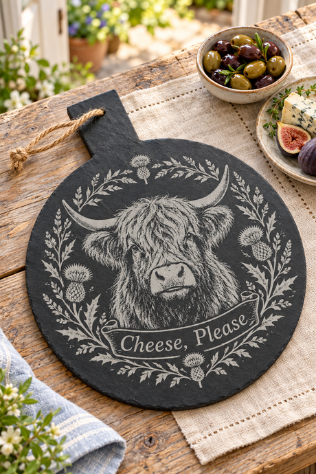 A round black slate cheese board with a rustic handle, featuring a white engraved illustration of a Highland cow, thistles, and the text 'Cheese, Please'. The board is styled on a wooden table with a woven placemat, surrounded by food props like olives, figs, and cheese.