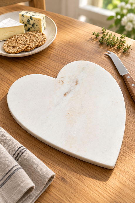 Heart-shaped cheese board made from natural white marble, for presenting cheese and accompaniments. Measures 23cm wide × 27cm long × 1.5cm thick.