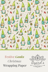 Festive Gonks Christmas Wrapping Paper by Byard's Boutique, featuring a repeating pattern of green and blue gnomes with red hats and gifts on a cream background, with a solid green stripe and product text at the bottom.