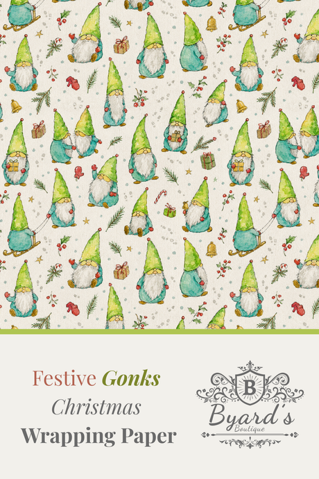 Festive Gonks Christmas Wrapping Paper by Byard's Boutique, featuring a repeating pattern of green and blue gnomes with red hats and gifts on a cream background, with a solid green stripe and product text at the bottom.