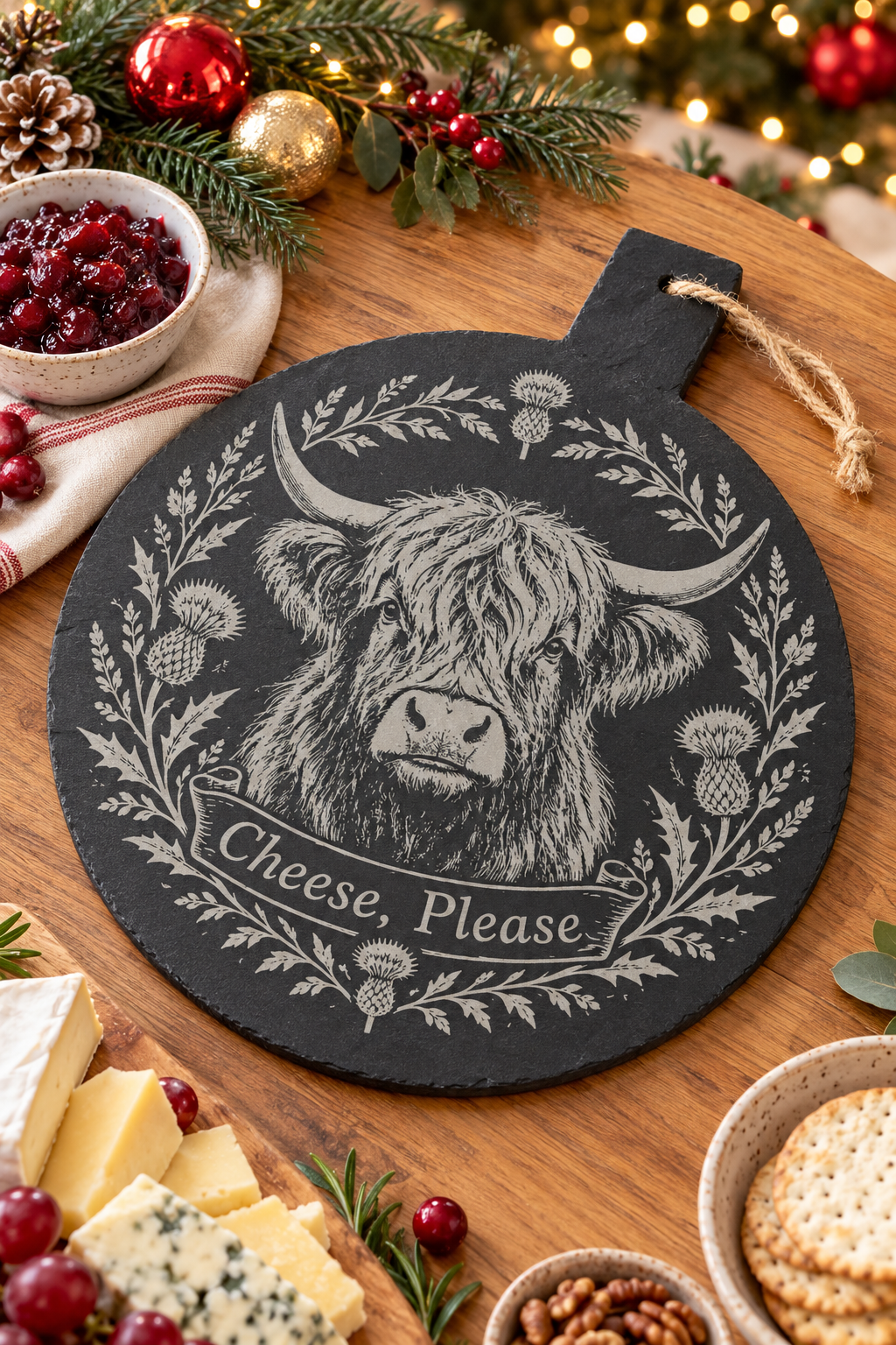 A round black slate cheese board with a white engraved Highland cow, thistle wreath, and the words 'Cheese, Please', styled on a wooden table with cheese, cranberries, nuts, and holiday decorations.