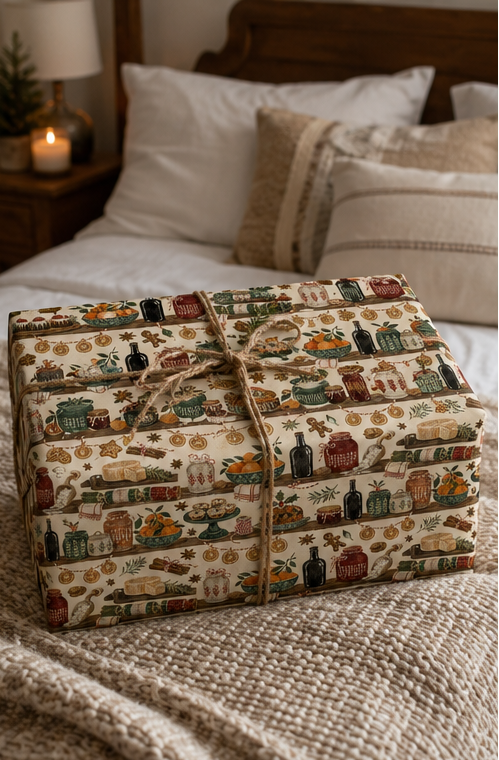 Festive pantry Christmas wrapping paper showing wooden shelves filled with patterned jars, oranges, preserves, puddings, mince pies, gingerbread and winter spices.