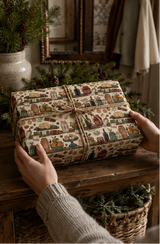 Pantry jars, preserves, oranges, mince pies, Christmas puddings, gingerbread and warming spices fill this richly illustrated Christmas wrapping paper for bakers, cooks and food lovers.