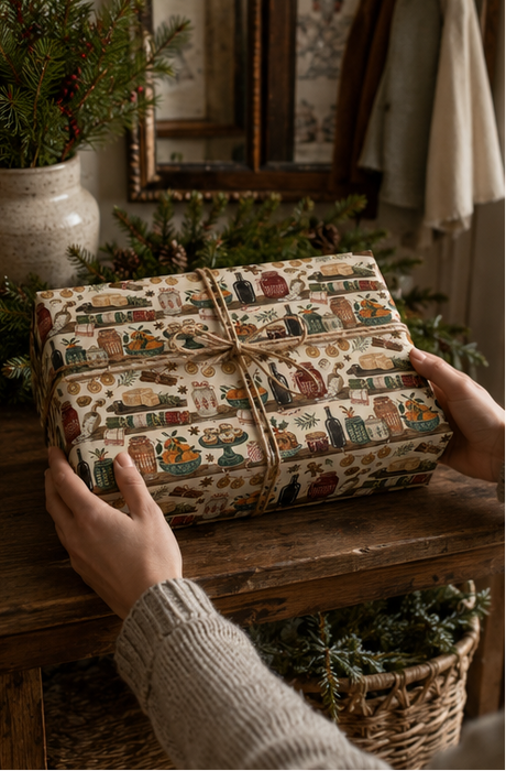 Pantry jars, preserves, oranges, mince pies, Christmas puddings, gingerbread and warming spices fill this richly illustrated Christmas wrapping paper for bakers, cooks and food lovers.