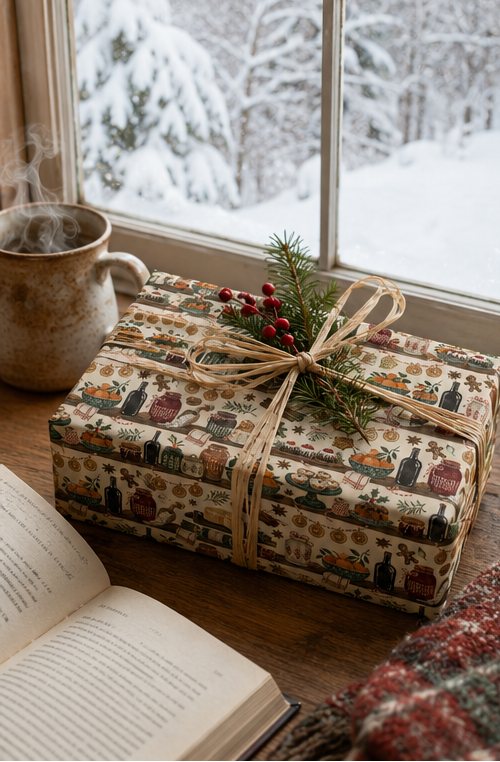 Pantry jars, preserves, oranges, mince pies, Christmas puddings, gingerbread and warming spices fill this richly illustrated Christmas wrapping paper for bakers, cooks and food lovers.