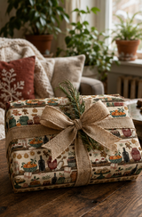 Festive pantry Christmas wrapping paper showing wooden shelves filled with patterned jars, oranges, preserves, puddings, mince pies, gingerbread and winter spices.
