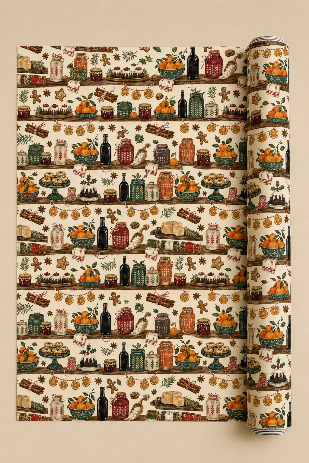 Festive pantry Christmas wrapping paper showing wooden shelves filled with patterned jars, oranges, preserves, puddings, mince pies, gingerbread and winter spices.