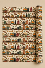 Festive pantry Christmas wrapping paper showing wooden shelves filled with patterned jars, oranges, preserves, puddings, mince pies, gingerbread and winter spices.