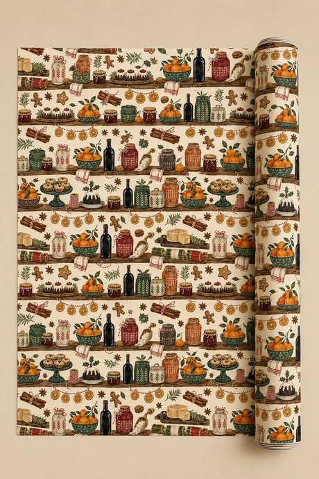 Festive pantry Christmas wrapping paper showing wooden shelves filled with patterned jars, oranges, preserves, puddings, mince pies, gingerbread and winter spices.