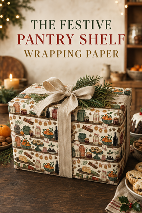  Pantry jars, preserves, oranges, mince pies, Christmas puddings, gingerbread and warming spices fill this richly illustrated Christmas wrapping paper for bakers, cooks and food lovers.