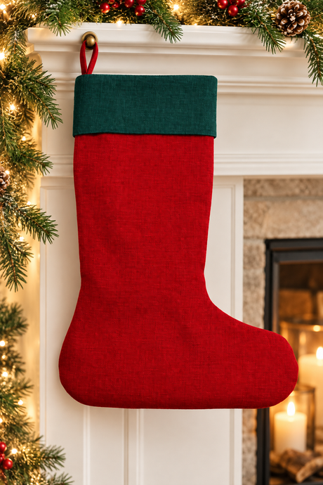 Handmade Linen Christmas Stocking | Personalised Leather Name Patch