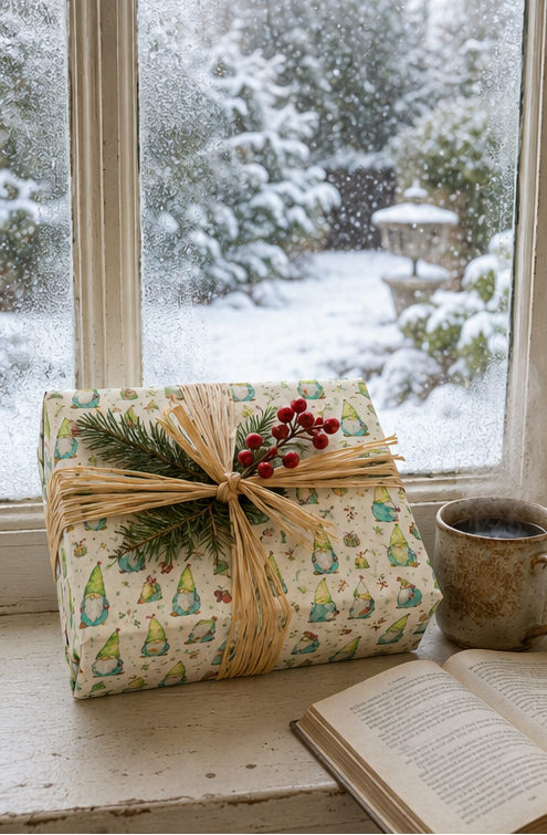 A wrapped gift box with a gnome patterned paper, tied with a straw bow and decorated with pine branches and red berries, sits on a windowsill next to an open book and a mug, with a snowy garden visible outside.