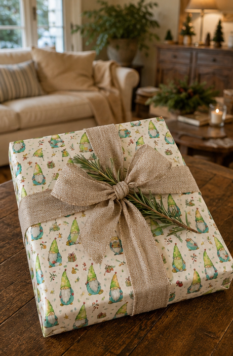 A wrapped gift box on a rustic wooden table in a cozy living room setting. The box is wrapped in cream wrapping paper with a repeating pattern of green and blue gnomes, tied with a wide natural burlap ribbon and decorated with a green pine sprig.