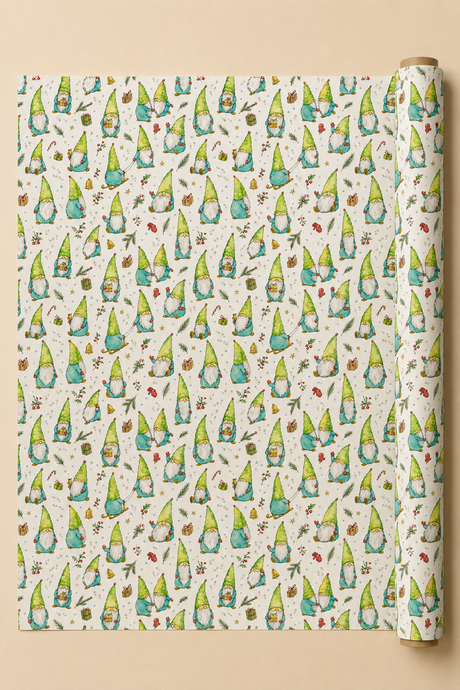 A roll of wrapping paper with a repeating pattern of cute green and blue gnomes on a cream background, displayed flat with the roll standing on the right side against a warm beige backdrop.