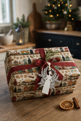 Ornate white laser-cut angel gift tag on a present wrapped in Festive Pantry Christmas paper with red linen ribbon.
