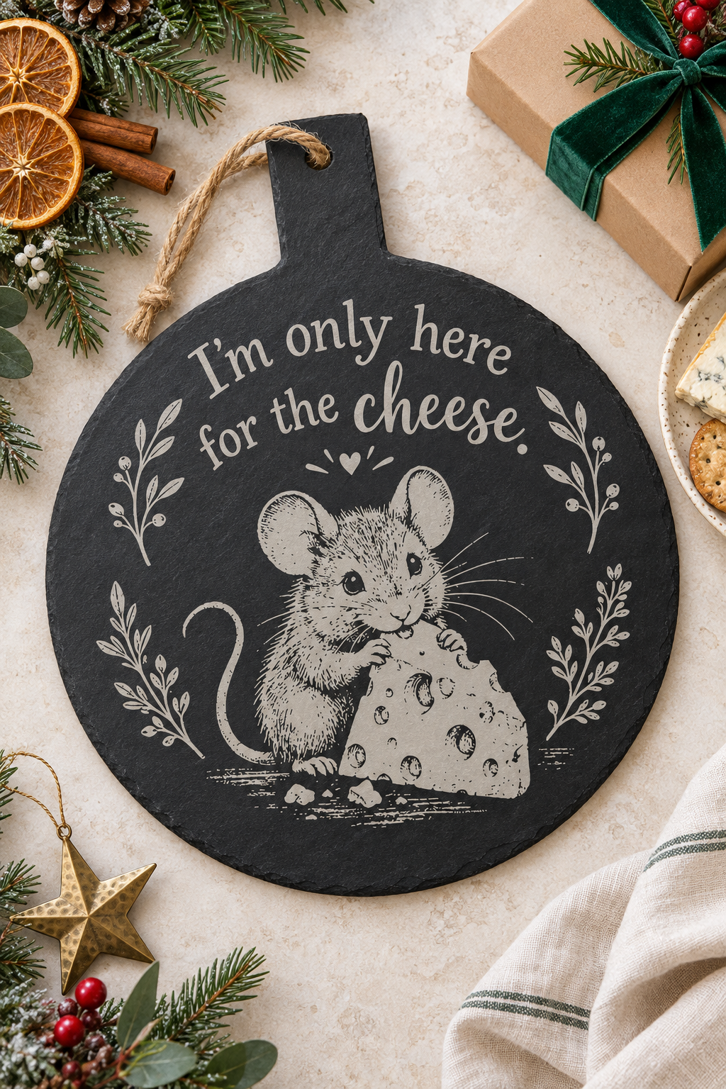 A round black slate cheese board with a hanging loop, featuring a white illustration of a mouse holding cheese and the text 'I'm only here for the cheese.' It is styled in a holiday flat-lay with pine branches, dried orange slices, a wrapped gift, and a striped cloth.